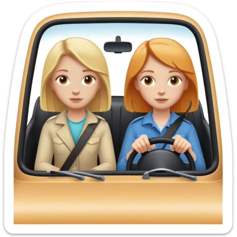 Blonde girl sitting in passenger seat with ginger girl driver  sticker