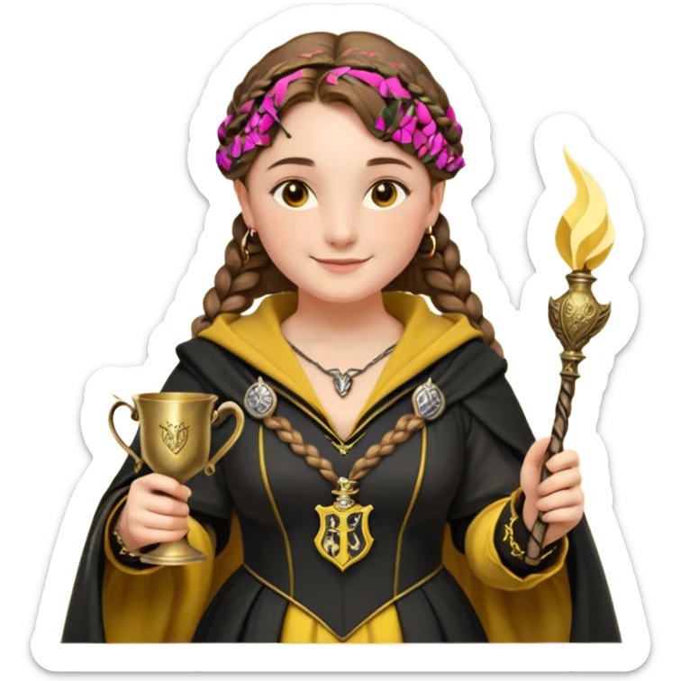 Helga Hufflepuff,the Hogwarts founder of Hufflepuff,brown-haired,2braids,yellow-black medieval dress with black cloak decorated with gold braiding,flickering magic wand and tiny two-handled shiny gold cup engraved with the badger silhouette,very kind smile,curvy busty sweet sticker