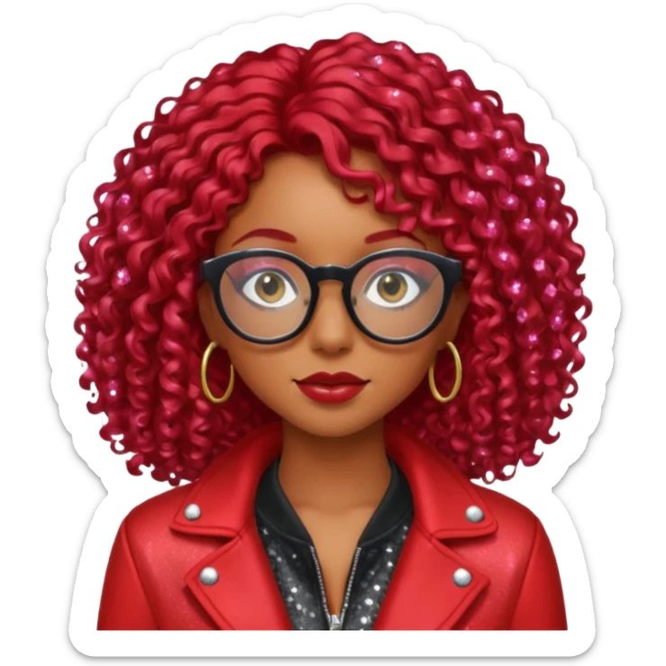 Sexyy red brown skin girl with red hair  black glasses long curly with glitter red jacket  sticker