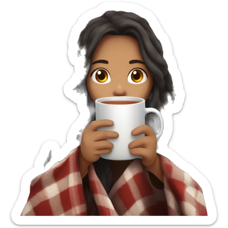 Dark brunnette girl with long hair snuggled up in a blanket and holding a hot tea in her hands Dark brunette girl with long hair snuggled up in a blanket and holding a hot tea in her hands sticker
