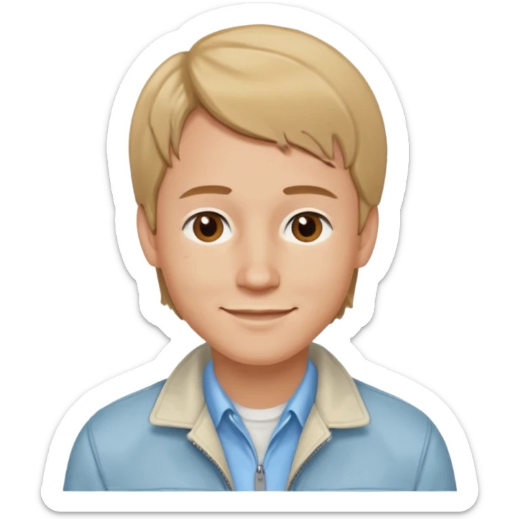 Brian Lackey from Mysterious Skin with brown eyes, dark blonde hair, light blue shirt, ivory jacket sticker