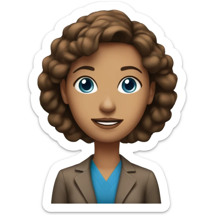 teacher blue eyes brown hair woman, in front of blackboard sticker