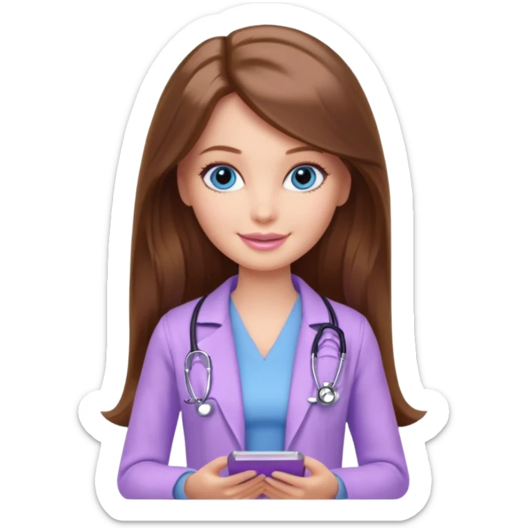 beautiful barbie girl with long brown hair, blue eyes and wearing light purple clothes watching doctor who sticker