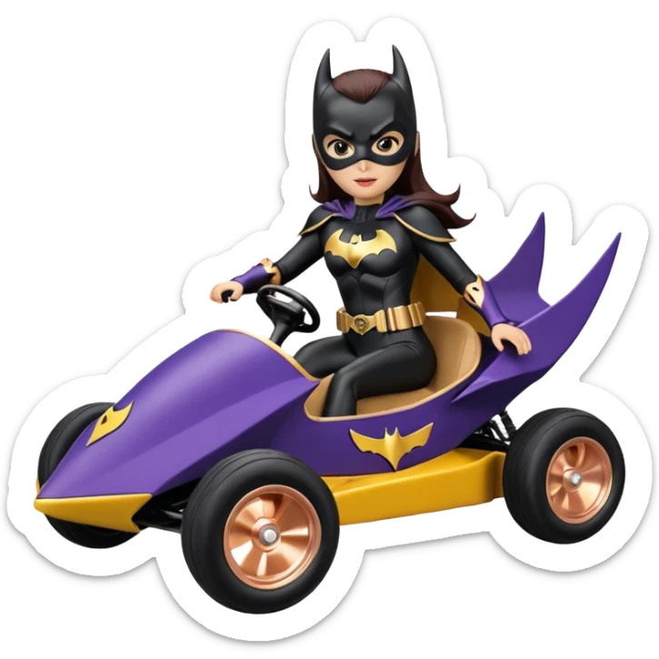 Hot full size real size-appearance electric road racing sexy BatGirl’s feminine midnight-colored tight outfit sixty’s tv show 1992 dark stealthy sporty safe plush petite off-road pursuit cruiser car rose gold accents (black hair,reclined and relaxed torso and shoulders seating position) go kart  sticker