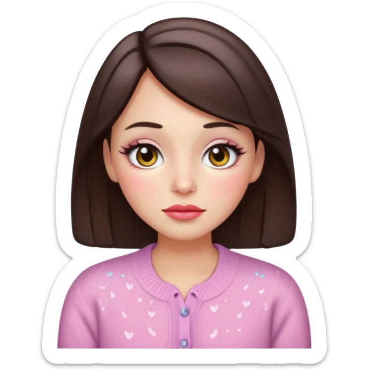 “Emoji brunette girl, dewy skin, heavy blush across cheeks and nose bridge, glossy cherry lips, soft eyeliner, teary sparkling eyes, pastel cardigan.” sticker