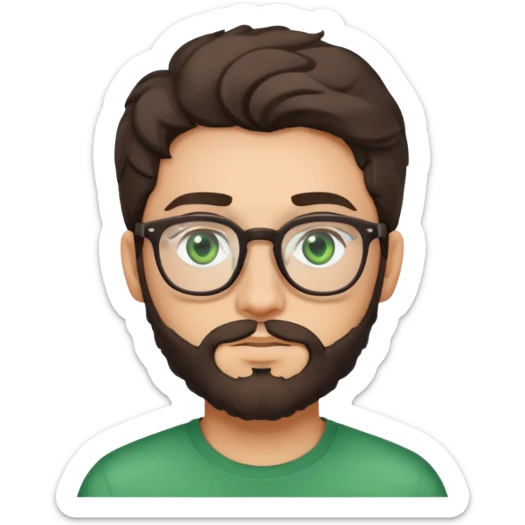 young man with dark slightly curled hair wearing glasses with green eyes and light beard sticker