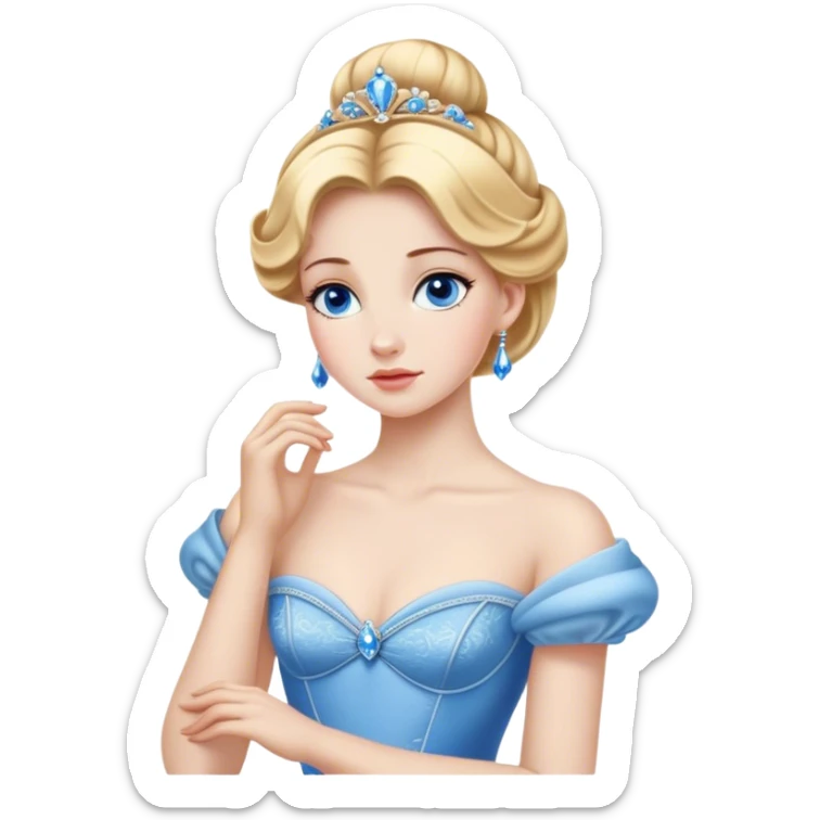 Cinematic Realistic Noble Cinderella Portrait, depicted with porcelain skin rendered in lifelike detail and soft, natural lighting that highlights every delicate nuance. Her intricately styled golden-blonde hair is arranged in an elegant updo, and her deep, expressive blue eyes radiate quiet determination. She wears her classic ball gown with rich fabric textures and delicate folds catching the light beautifully, all set against a subtly glowing, natural background that captures the essence of timeless royal grace. sticker