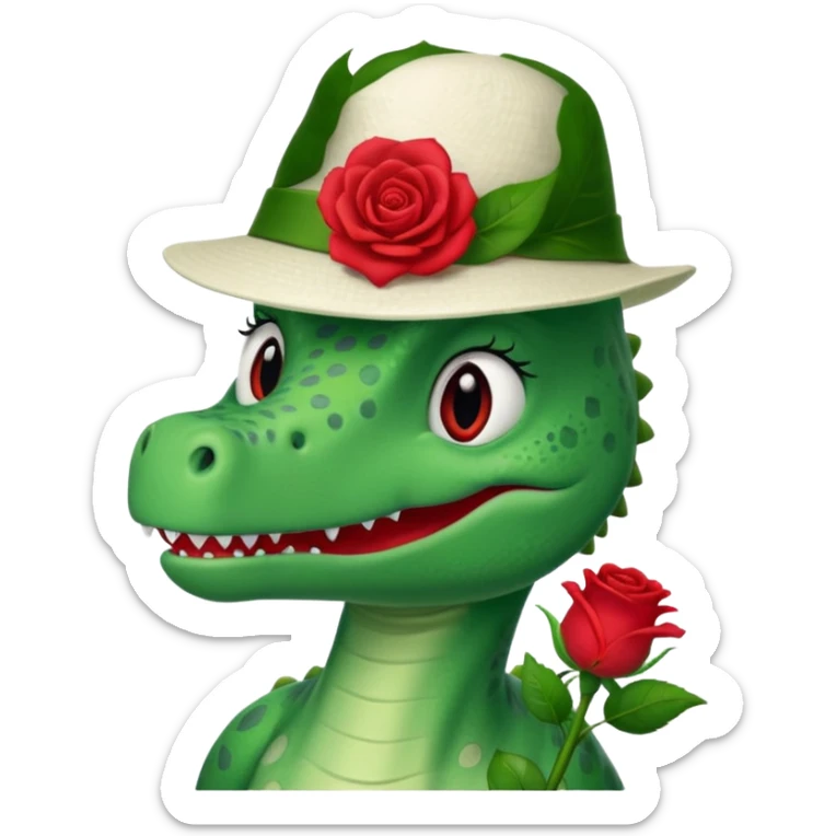 Dorothy the Dinosaur from The Wiggles with white hat with red rose, green skin sticker