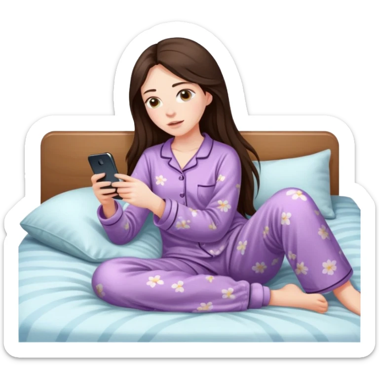 girl with long dark brown hair and pale laying in bed in pajamas looking at her phone sticker