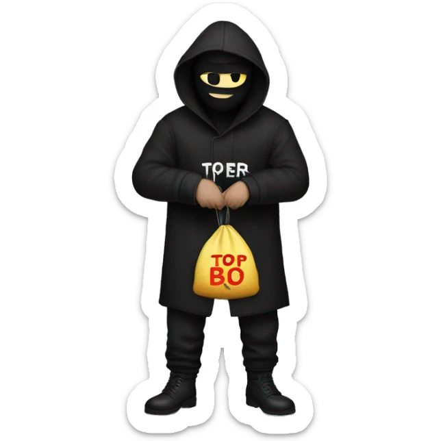 Thief wearing all black clothes stealing a money bag with the words Top Tier embroidered on it sticker