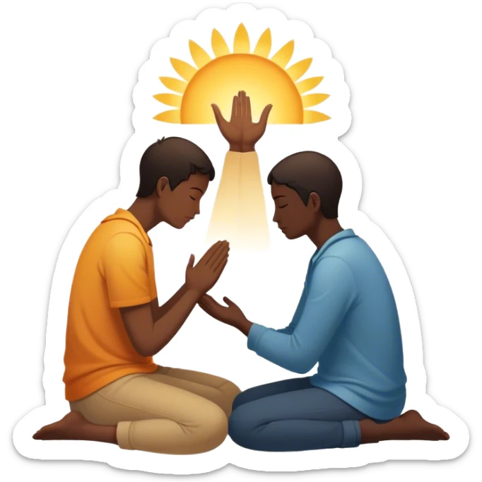 A silhouette of a person sitting with their head down, surrounded by two souls—one offering a hand and another radiating warmth, symbolizing kindness. A soft light behind them represents hope, unseen but present. 🌅 sticker