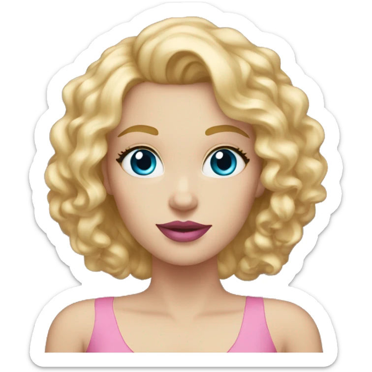 White woman with blue eyes, pink lips, blond curly hair long, pink dress  sticker