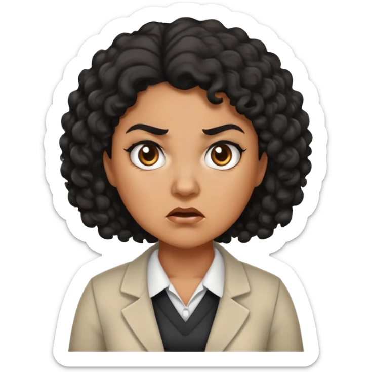 An angry female teacher with brown skin, black curly hair, and slightly chubby sticker