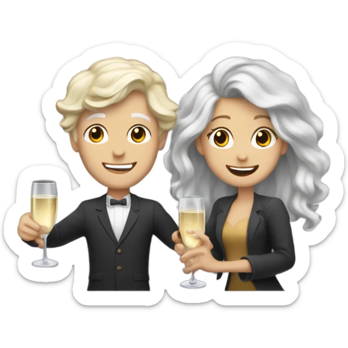 a white boy with gray hair and a girl with long blond wavy hair dancing with a glass of champagne sticker