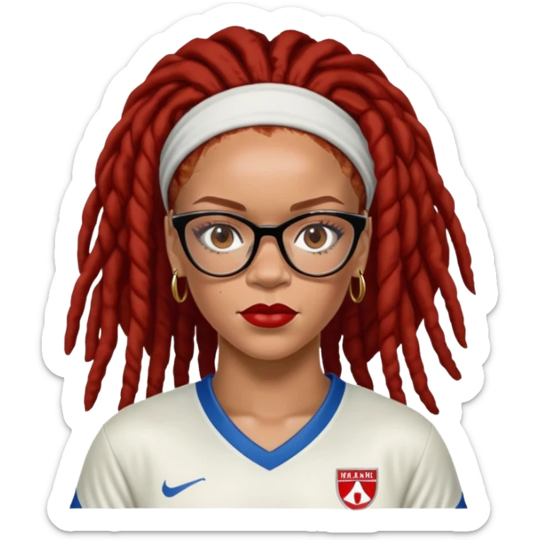 Rihanna with freckles and soccer mom dreadlocks island red and white jersey and cateye eyeglasses sticker