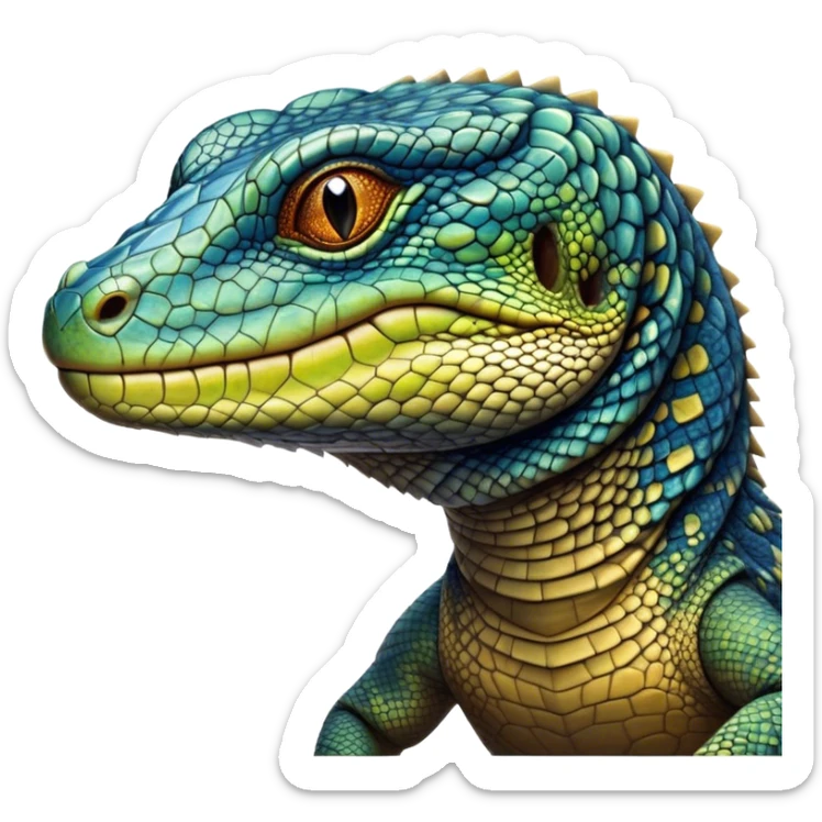 Cinematic Noble Monitor Lizard Portrait Emoji, Poised and regal, with a robust, scaled body exhibiting striking, mottled patterns and piercing, alert eyes, Simplified yet sharp and sophisticated features, highly detailed, glowing with a soft, earthy glow, high shine, intelligent and formidable, stylized with an air of ancient wilderness, focused and commanding, soft glowing outline, capturing the essence of a watchful and confident reptilian guardian that appears ready to stride out of the screen with effortless authority! sticker