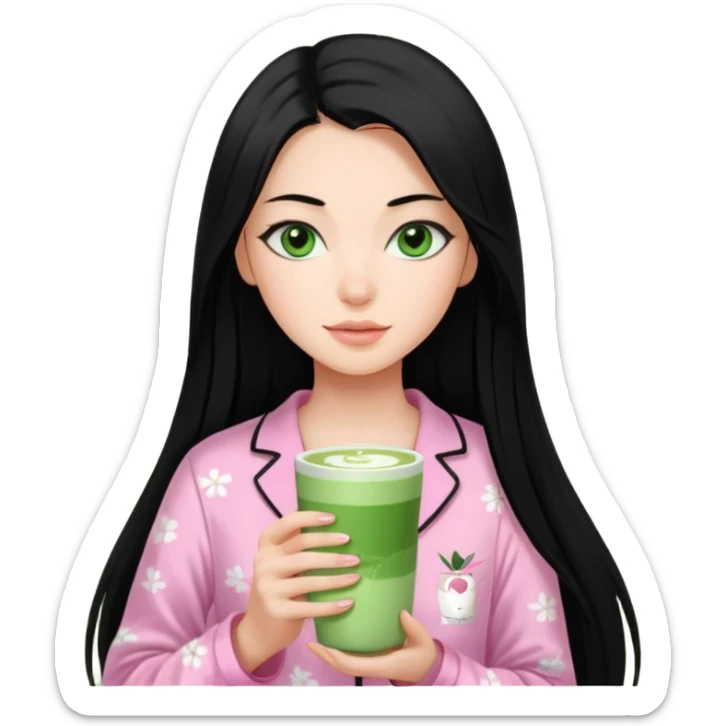 a 18 year old woman pin straight long black hair green eyes pink Victoria secret pjs with matcha sticker