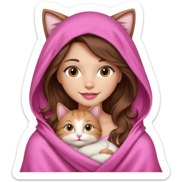 girl with long wavy brown hair, brown eyes, long lashes makeup, sexy pink lips, light to medium complexion, wearing a pink sexy silk top, big blanket over the head cozy holding a cat,  sticker