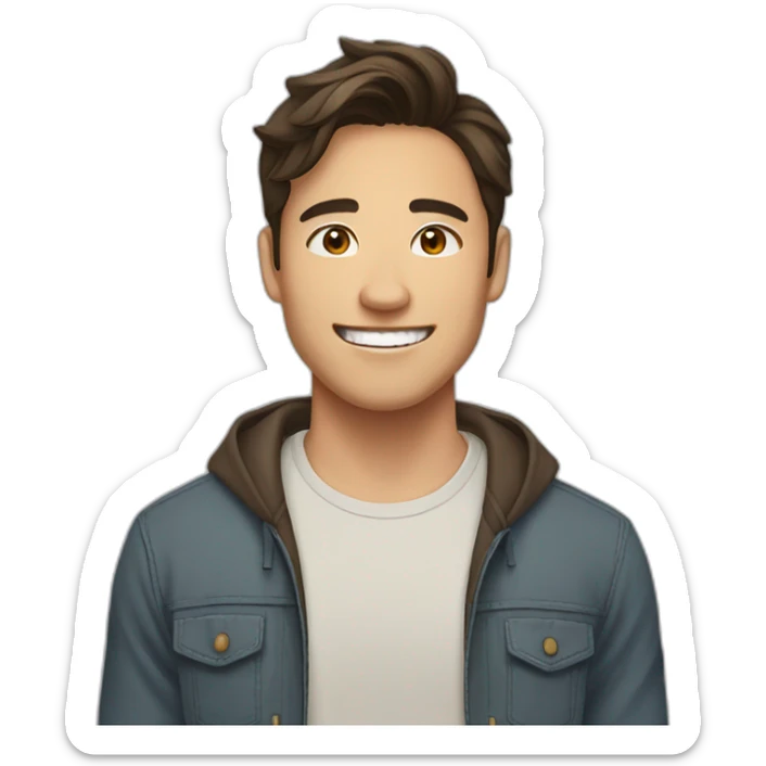 guy with brown hair, medium length hair, in his 20s, filipino, smiling,  sticker