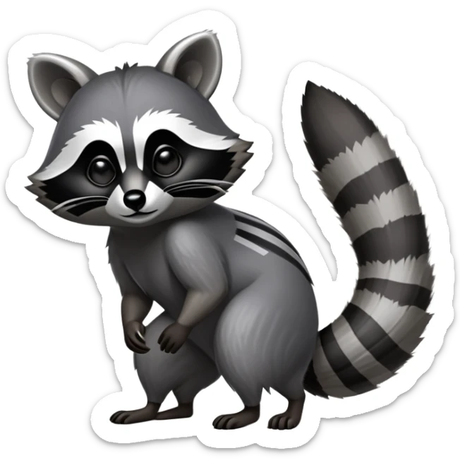 Cinematic-Raccoon-Realistic-Full-Body-Standingon all fours-Emoji – Tail flicking lazily, head tilted dramatically, thick grey fur with a signature black mask, sharp and alert ears, simplified yet realistic focused features, highly detailed, glowing with an almost sarcastic glow. sticker