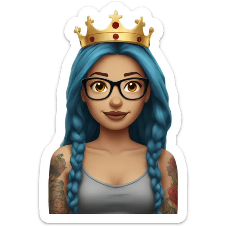 Beautiful girl, long red hair, tattoos, glasses and a crown sticker