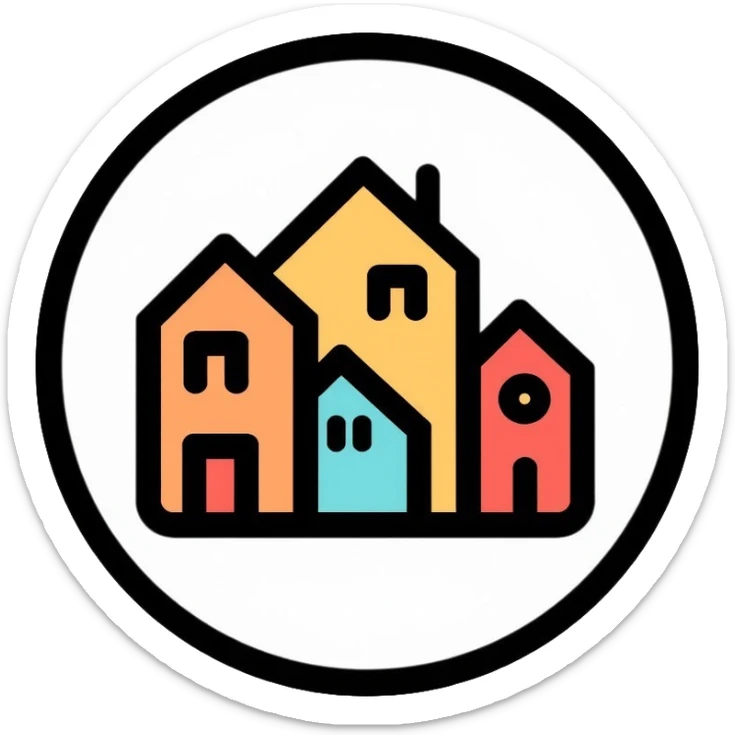 Community of houses in a circle, minimalist homelessness support logo sticker