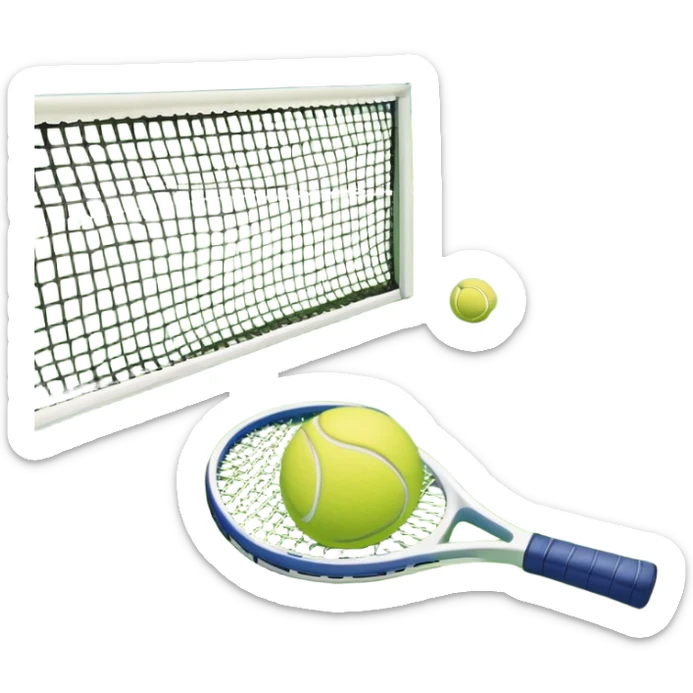 A tennis racket and a ball placed on the ground, with a tennis court in the background. The court lines and net are visible, emphasizing the structure and focus of the sport, creating a dynamic and energetic vibe. sticker
