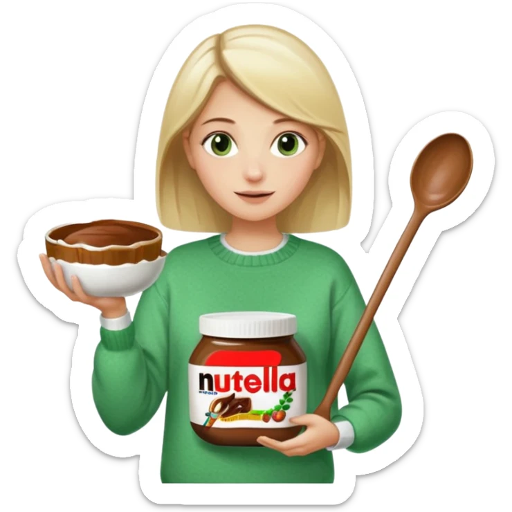 Blond woman with white and green pullover holds in one hand a big carriage of Nutella and in the other hand a oversized spoon which is in the carriage of Nutella sticker