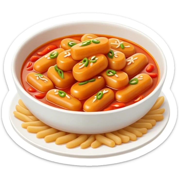 Cinematic Realistic Tteokbokki Dish Emoji, showcasing spicy, chewy rice cakes in a fiery sauce rendered with lifelike detail and bold, dynamic lighting. sticker