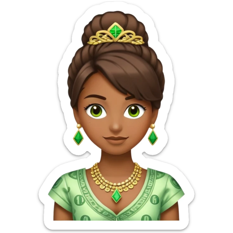 A girl whose hair and clothing is made of green money, and her eyelashes are made of dollar signs. Half her face is smiling and the other is frowning. The side that is frowning has the money hair and clothes and dollar sign eyelashes, and the side that is smiling has nice brown hair and eyelashes and fancy clothes and jewelry. sticker