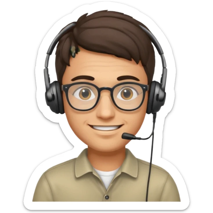 smiling young Italian man, focused, wearing glasses and small headphones, data analyst sticker