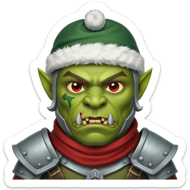 Fantasy Christmas orc legion soldier icon, iron tundra army theme, heavy winter armor, disciplined brutal look, cold steel color palette, emoji portrait, male/female variant
 sticker