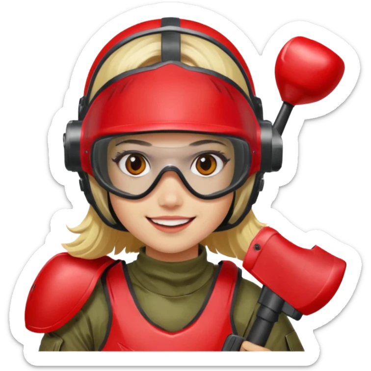 blond girl playing paintball with red paintball helmet with eye protection, only face sticker