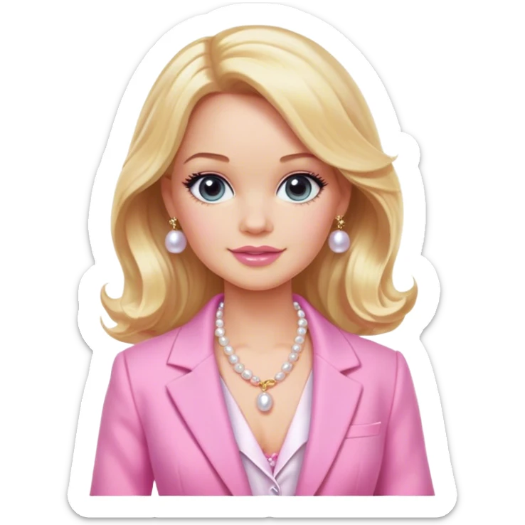Elle woods with wavy blonde hair , a baby pink blazer with a white undershirt, pink Barbie makeup on, and a pearl necklace.  sticker