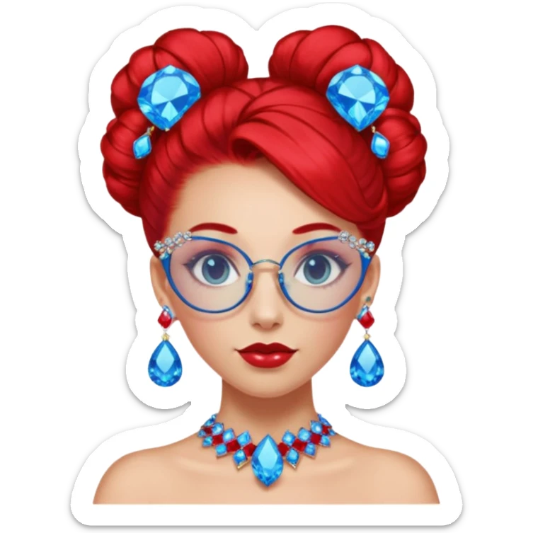gem lover woman with gem accessories excessive amount gem glassess very big gem earrings red bun hair and redbluediamonds sticker