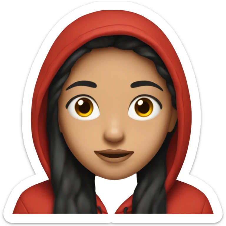 Girl with long black hair wearing a red hoodie that says YAEY sticker