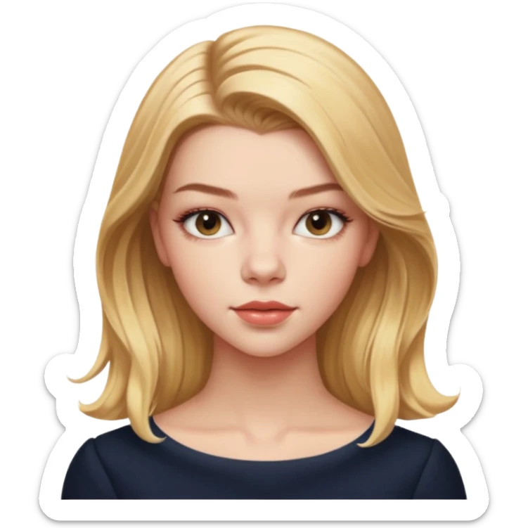 Cinematic Realistic Anya Taylor Joy Portrait, depicted with lifelike skin texture, subtle rosy undertones, and soft natural lighting that enhances the gentle contours of her face. Her intricately detailed golden blonde hair is elegantly. sticker