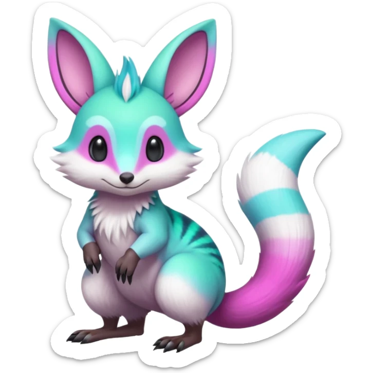 Iridescent Neon Green-Cyan-Magenta-gradients Minccino-Emolga-Numbat-Sergal-fusion-hybrid-animal-creature, full body sticker