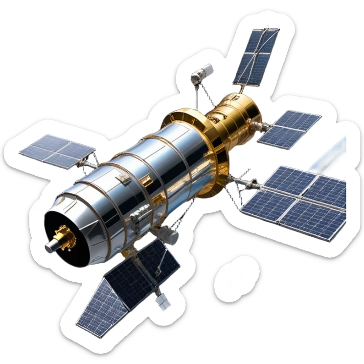 cinematic-realistic-hubble-space-telescope-emoji, an awe-inspiring, ultra-detailed depiction of the Hubble Space Telescope floating in space, its large, reflective metallic surface gleaming against the backdrop of the infinite blackness. The telescope's vast solar panels extend outwards, catching the light from distant stars, while its intricate, cylindrical body showcases advanced, precise engineering. The telescope's large, hexagonal lens is pointed towards the cosmos, surrounded by mechanical components, wires, and sensors. The detailed textures of the telescope’s metallic exterior, the shiny reflective coating, and the intricate grid-like solar panels are sharply contrasted against the void of space, with distant stars and nebulae faintly visible in the background, adding to the sense of scale and technological marvel; rendered with extreme realism and attention to detail. sticker