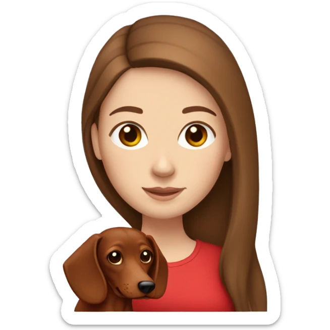 White girl with straight brown hair holding a red dachshund  sticker