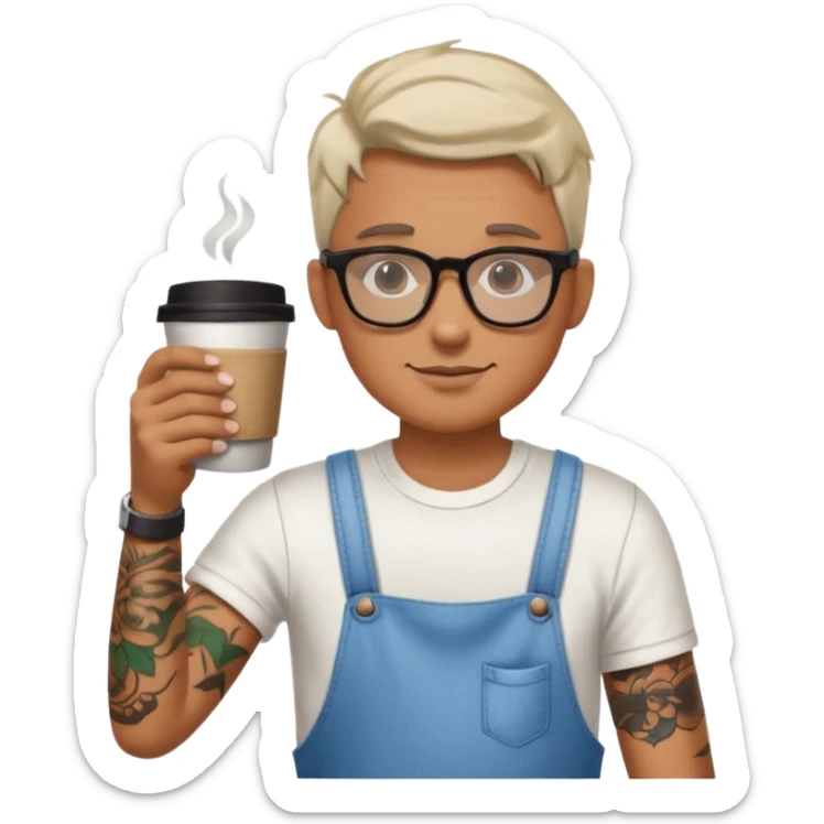 gözlük takan, dövmeli ve elinde kahve tutan, yaz kıyafetli insan. sticker