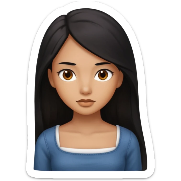 A deep skin girl (deep skin is caramel color not dark) with long black hair swept to the front and a square neckline shirt and brown eyes sticker