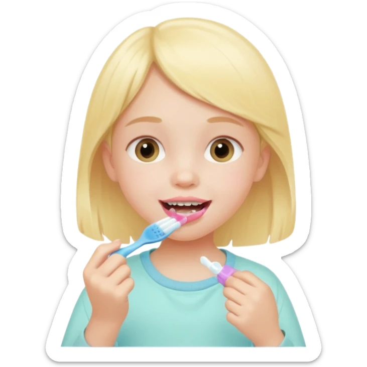 little girl brushing her teeth, pastel portrait, bright nourishing morning atmosphere, soft focus sticker