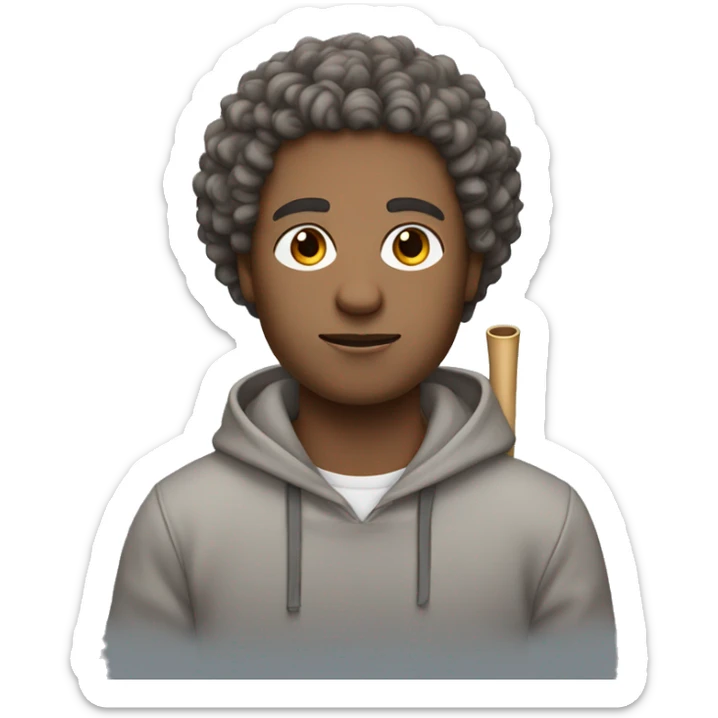 Flute+man with curly hair, wearing a grey hoodie+light brown skin+ sticker