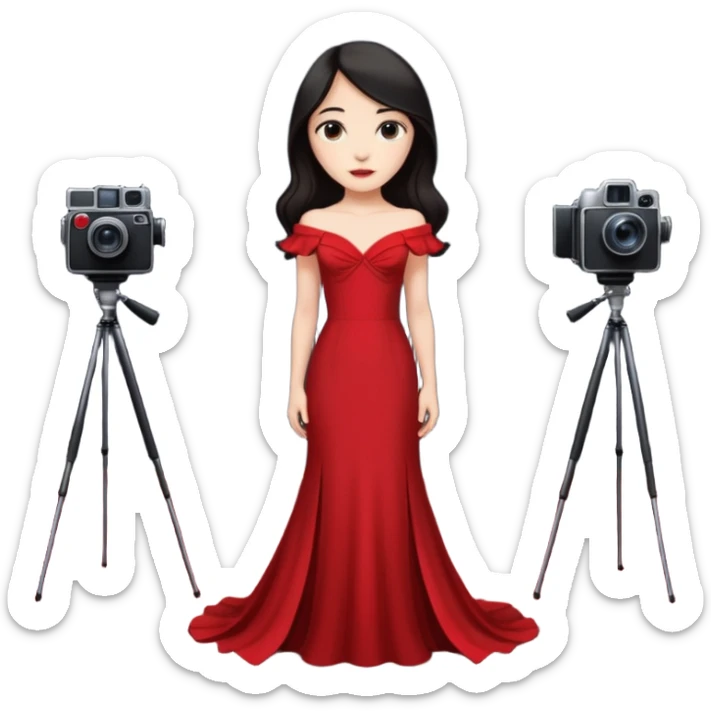an actress standing on a red carpet with a formal dress, with only one film camera next to her. sticker