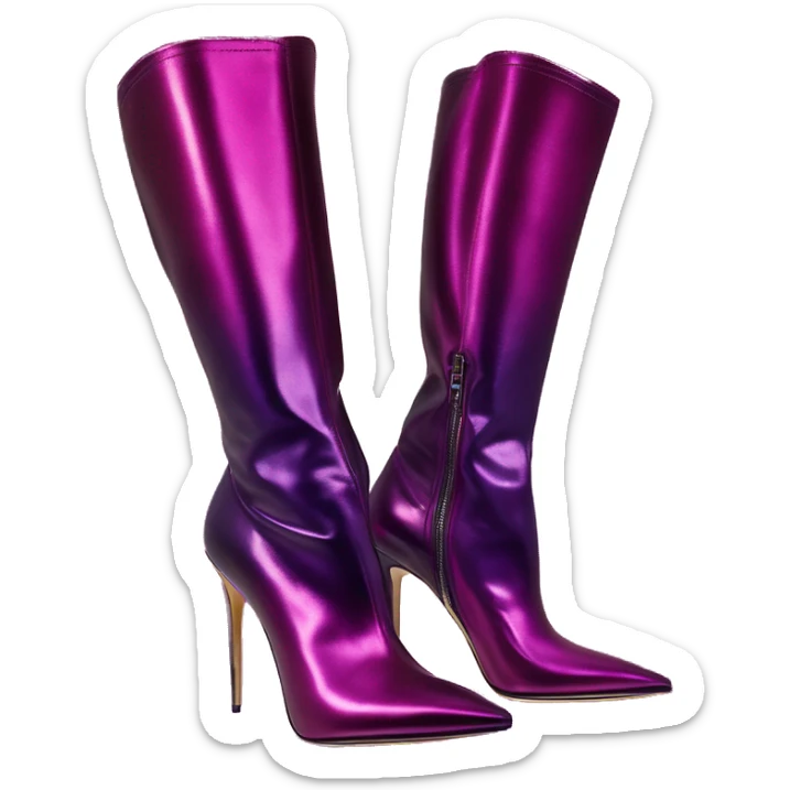 Real isolated top view of a pair of metallic magenta to dark purple ombre Jimmy Choo stiletto ankle bootie boots.  sticker