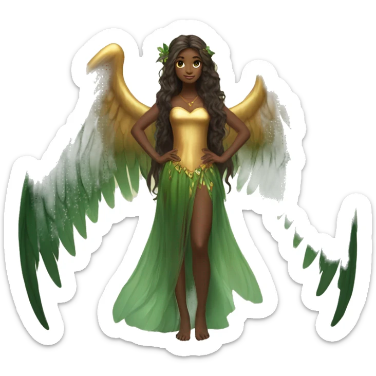 big wings, Beautiful, fairy, gold, brown, dark green, green, long hair sticker