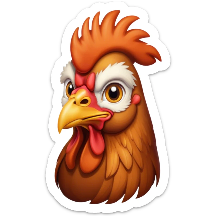 Cinematic Noble Brown Rooster Portrait Emoji, Poised and regal, with a robust, commanding build and a rich, well-groomed brown plumage, deep-set soulful warm eyes, Simplified yet sharp and sophisticated features, highly detailed, glowing with a soft, dignified glow, high shine, intelligent and proud, stylized with an air of rustic majesty, focused and attentive, soft glowing outline, capturing the essence of a watchful and confident leader, so majestic it feels as though it could crow out of the screen with effortless authority! sticker