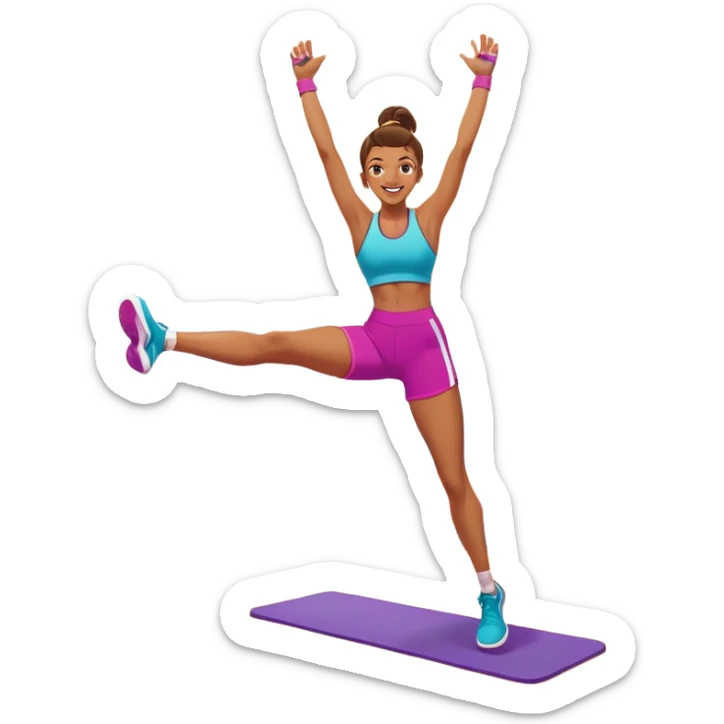 An energetic person performing an aerobics workout in a brightly lit gym, jumping and stretching with enthusiasm. The scene includes vibrant fitness equipment like dumbbells and exercise mats, with a background of cheerful, motivating colors, conveying energy and movement. sticker