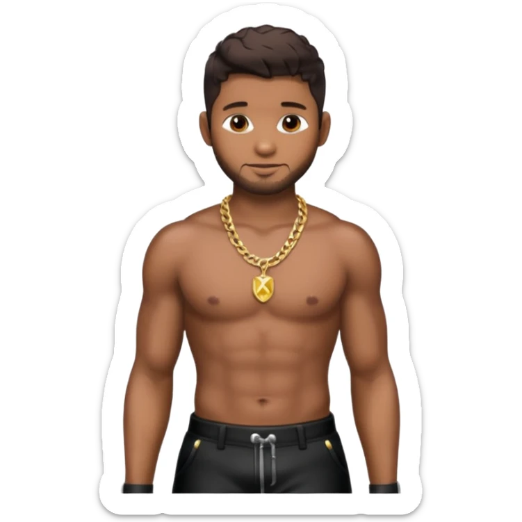Usher with dark brown hair, shirtless with necklace, metallic black pants sticker